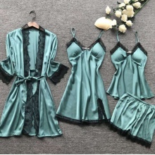 4PCS Women Satin Set Terno Ladies Sleepwear Night Pijamas Girls Robes Silk Custom Dress Loungewear Wear Designer Nighty 