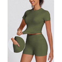 Women 2 Piece Workout Outfit – Tight Fit Short Sleeve Crop Top and High Waist Gym Shorts with Side Pockets, Activewear S
